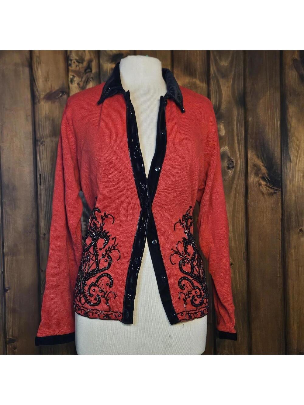 VTG Jessica Holbrook Red Cardigan, Black Beads & Velvet Cotton Blend